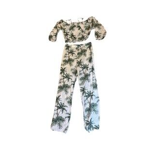 SHEIN Swimwear Cover Up Set Size Girls 12/13 Years Mesh White Green Palm Trees